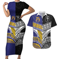 Custom Rugby Niue and Aotearoa Couples Matching Short Sleeve Bodycon Dress and Hawaiian Shirt Hiapo with Maori Moko Tribal Heritage Tattoos LT03 Black - Polynesian Pride