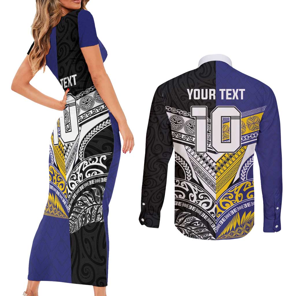Custom Rugby Niue and Aotearoa Couples Matching Short Sleeve Bodycon Dress and Long Sleeve Button Shirt Hiapo with Maori Moko Tribal Heritage Tattoos LT03 - Polynesian Pride