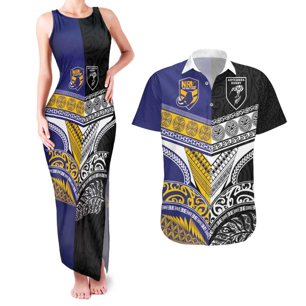 Custom Rugby Niue and Aotearoa Couples Matching Tank Maxi Dress and Hawaiian Shirt Hiapo with Maori Moko Tribal Heritage Tattoos LT03 Black - Polynesian Pride