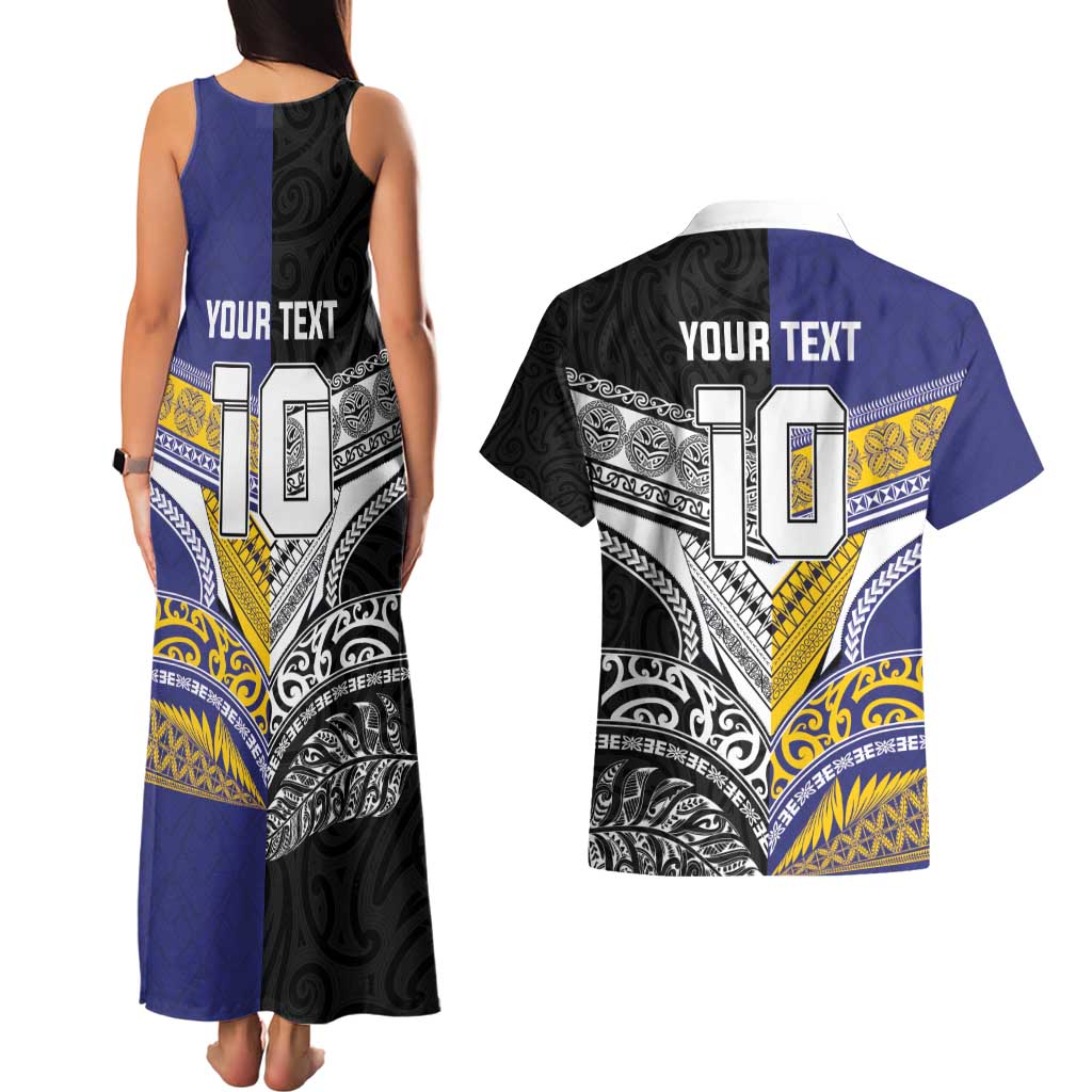Custom Rugby Niue and Aotearoa Couples Matching Tank Maxi Dress and Hawaiian Shirt Hiapo with Maori Moko Tribal Heritage Tattoos LT03 - Polynesian Pride