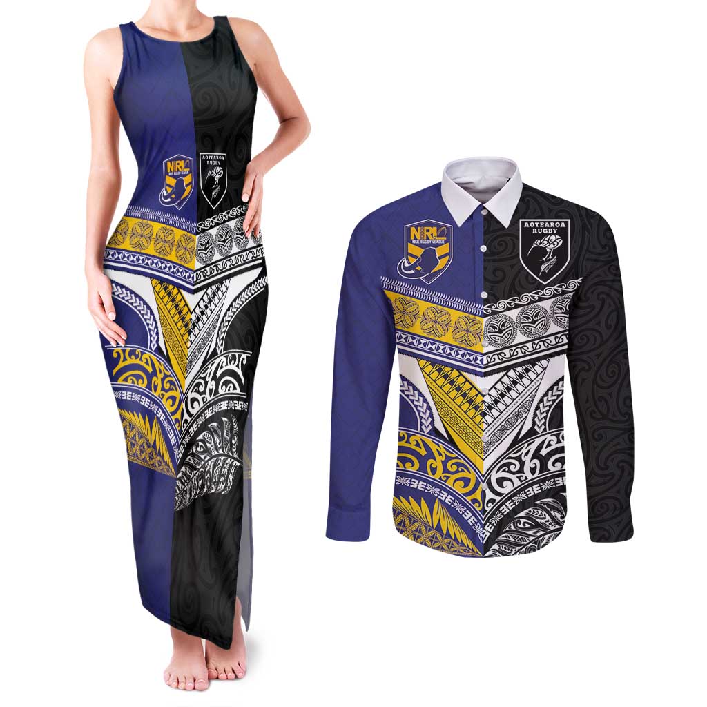 Custom Rugby Niue and Aotearoa Couples Matching Tank Maxi Dress and Long Sleeve Button Shirt Hiapo with Maori Moko Tribal Heritage Tattoos LT03 Black - Polynesian Pride