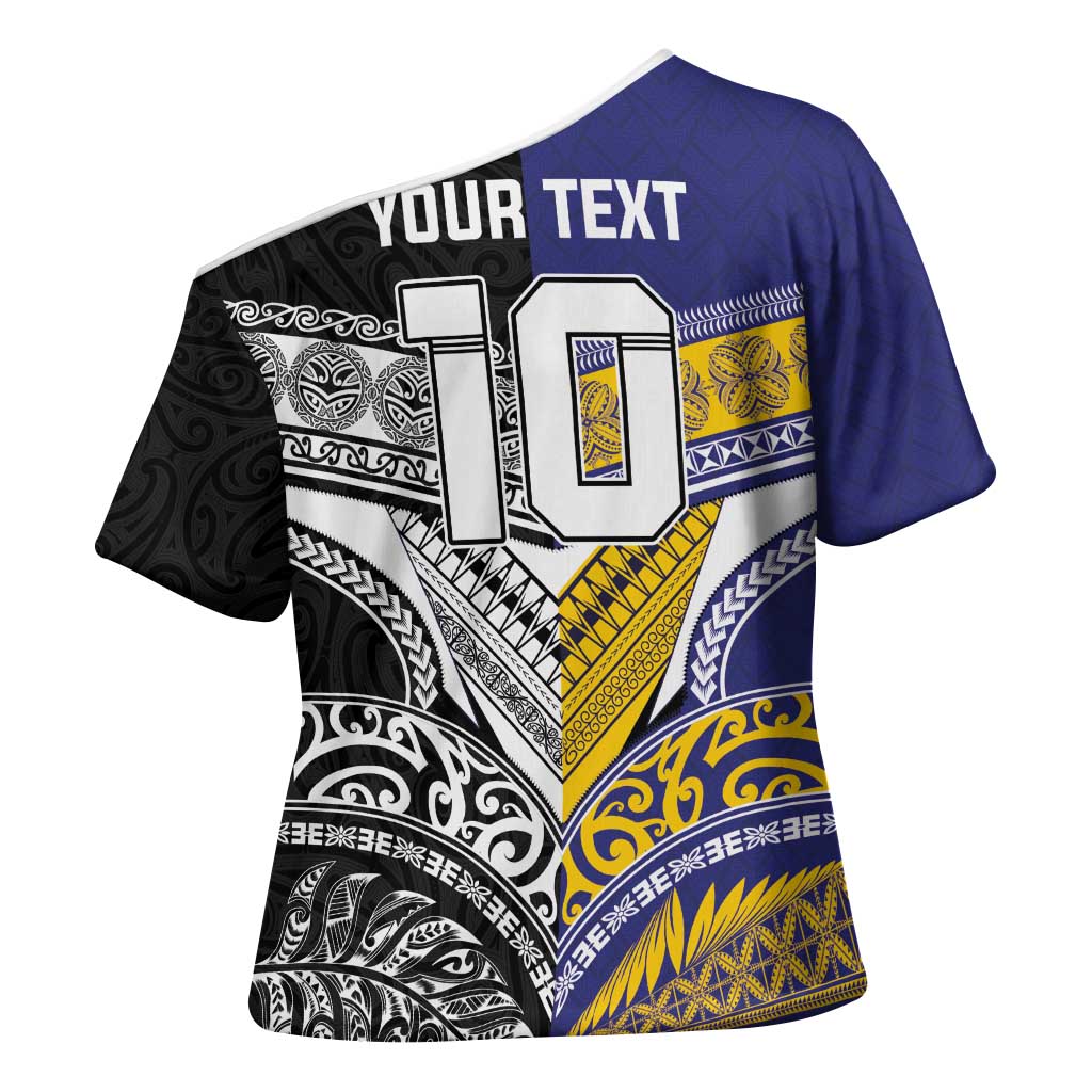 Custom Rugby Niue and Aotearoa Cross Shoulder Shirt Hiapo with Maori Moko Tribal Heritage Tattoos - Polynesian Pride