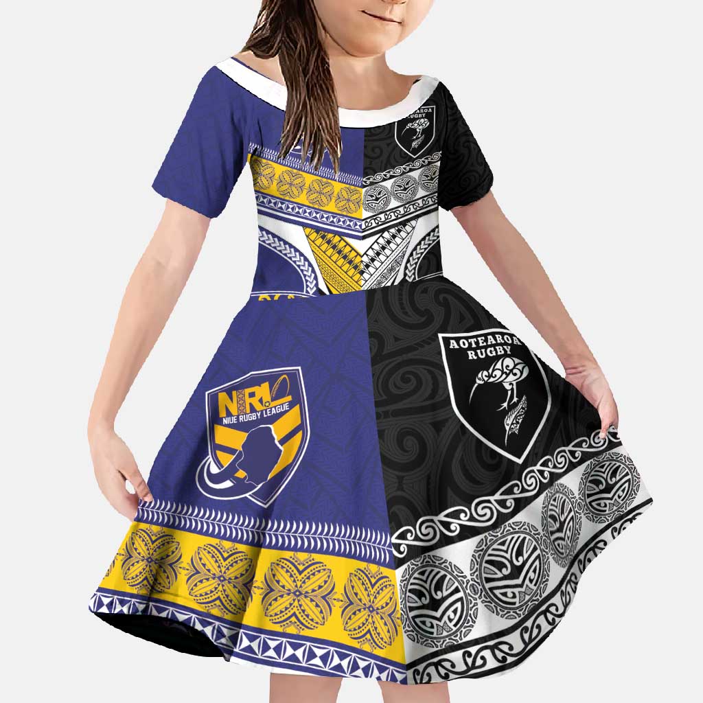 Custom Rugby Niue and Aotearoa Family Matching Long Sleeve Bodycon Dress and Hawaiian Shirt Hiapo with Maori Moko Tribal Heritage Tattoos LT03 Daughter's Dress Black - Polynesian Pride