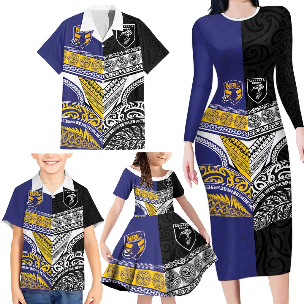 Custom Rugby Niue and Aotearoa Family Matching Long Sleeve Bodycon Dress and Hawaiian Shirt Hiapo with Maori Moko Tribal Heritage Tattoos LT03 - Polynesian Pride