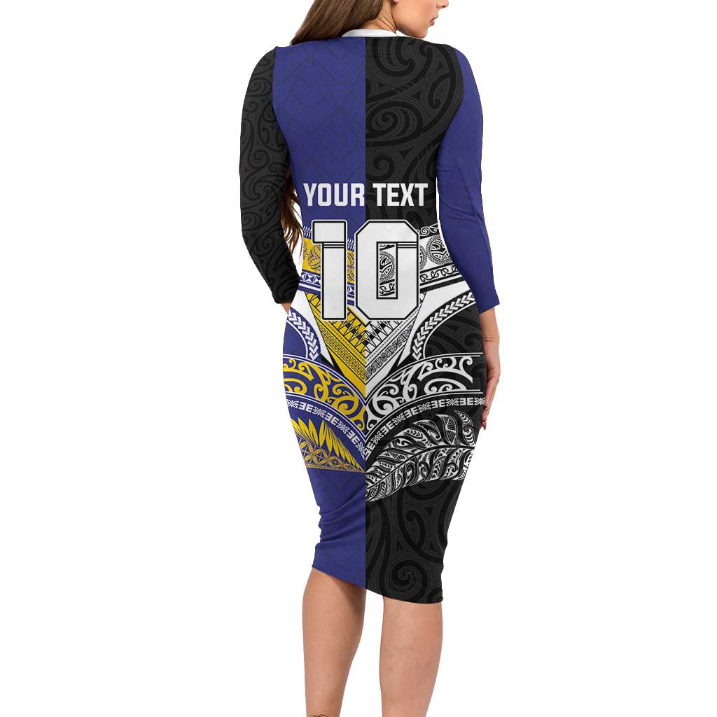Custom Rugby Niue and Aotearoa Family Matching Long Sleeve Bodycon Dress and Hawaiian Shirt Hiapo with Maori Moko Tribal Heritage Tattoos LT03 - Polynesian Pride