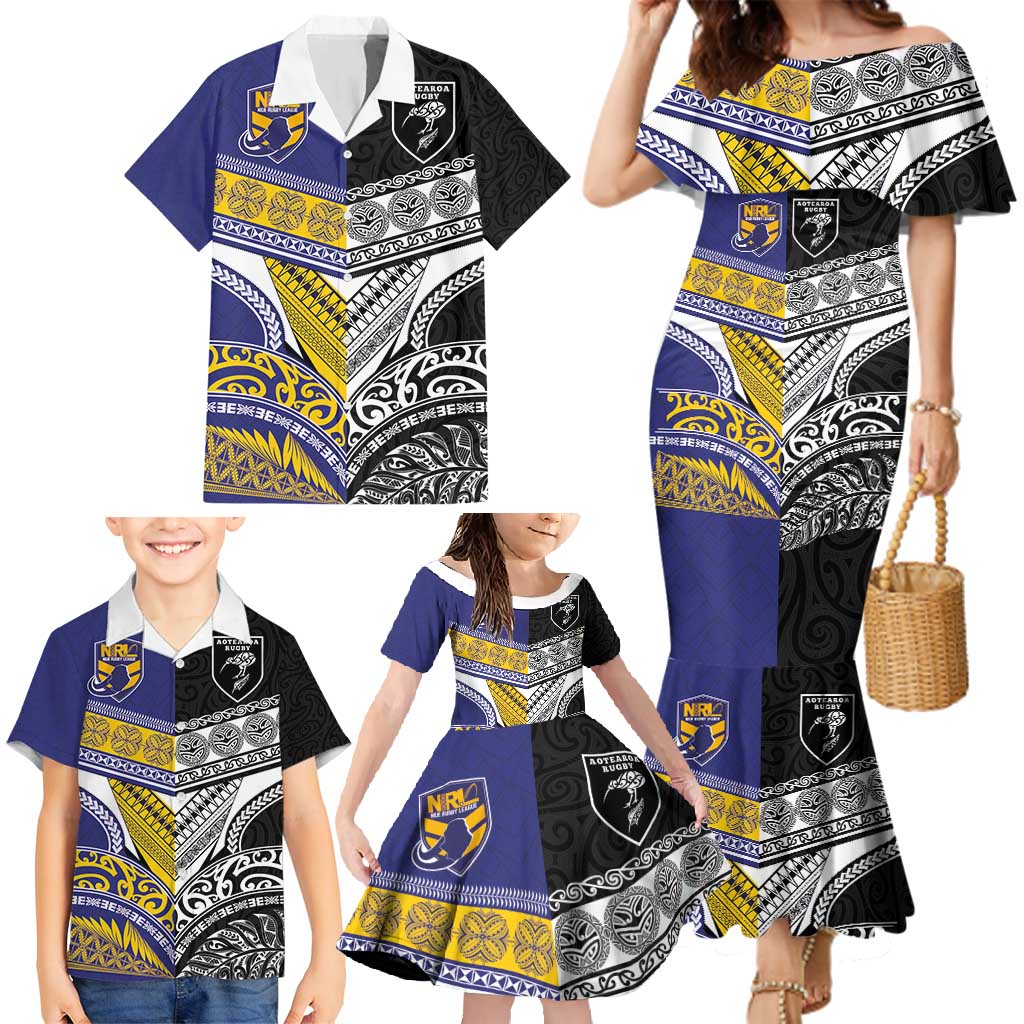 Custom Rugby Niue and Aotearoa Family Matching Mermaid Dress and Hawaiian Shirt Hiapo with Maori Moko Tribal Heritage Tattoos LT03 - Polynesian Pride
