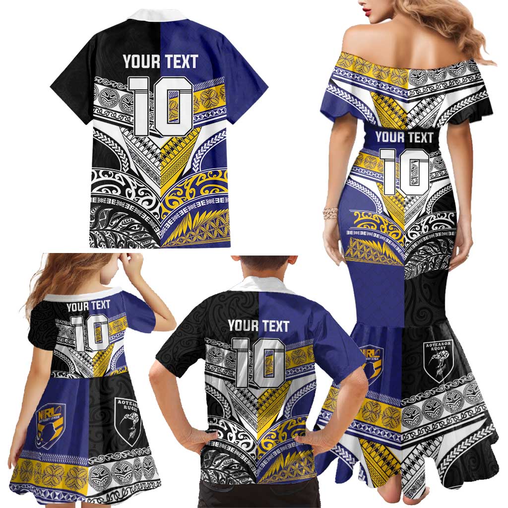 Custom Rugby Niue and Aotearoa Family Matching Mermaid Dress and Hawaiian Shirt Hiapo with Maori Moko Tribal Heritage Tattoos LT03 - Polynesian Pride