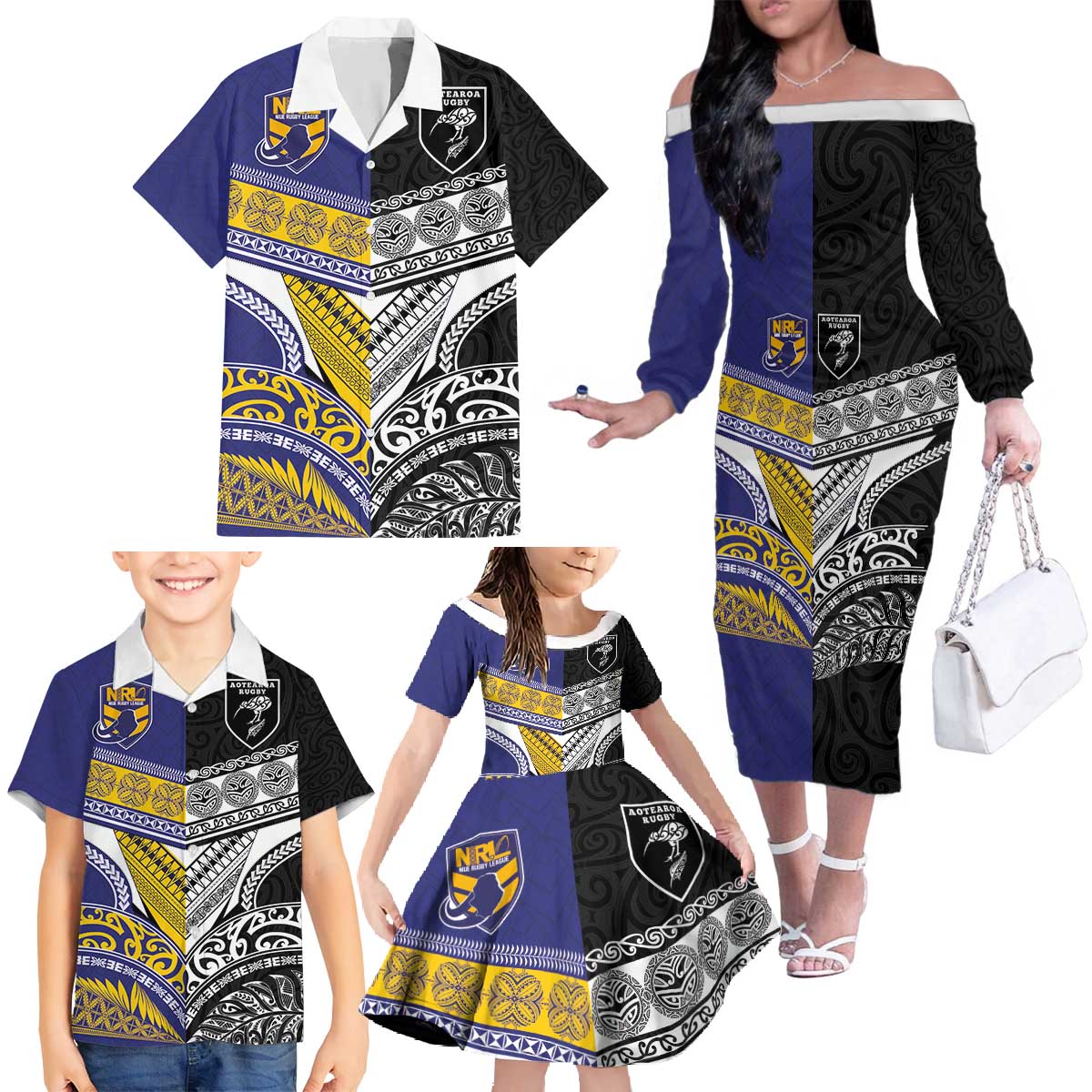 Custom Rugby Niue and Aotearoa Family Matching Off The Shoulder Long Sleeve Dress and Hawaiian Shirt Hiapo with Maori Moko Tribal Heritage Tattoos LT03 - Polynesian Pride