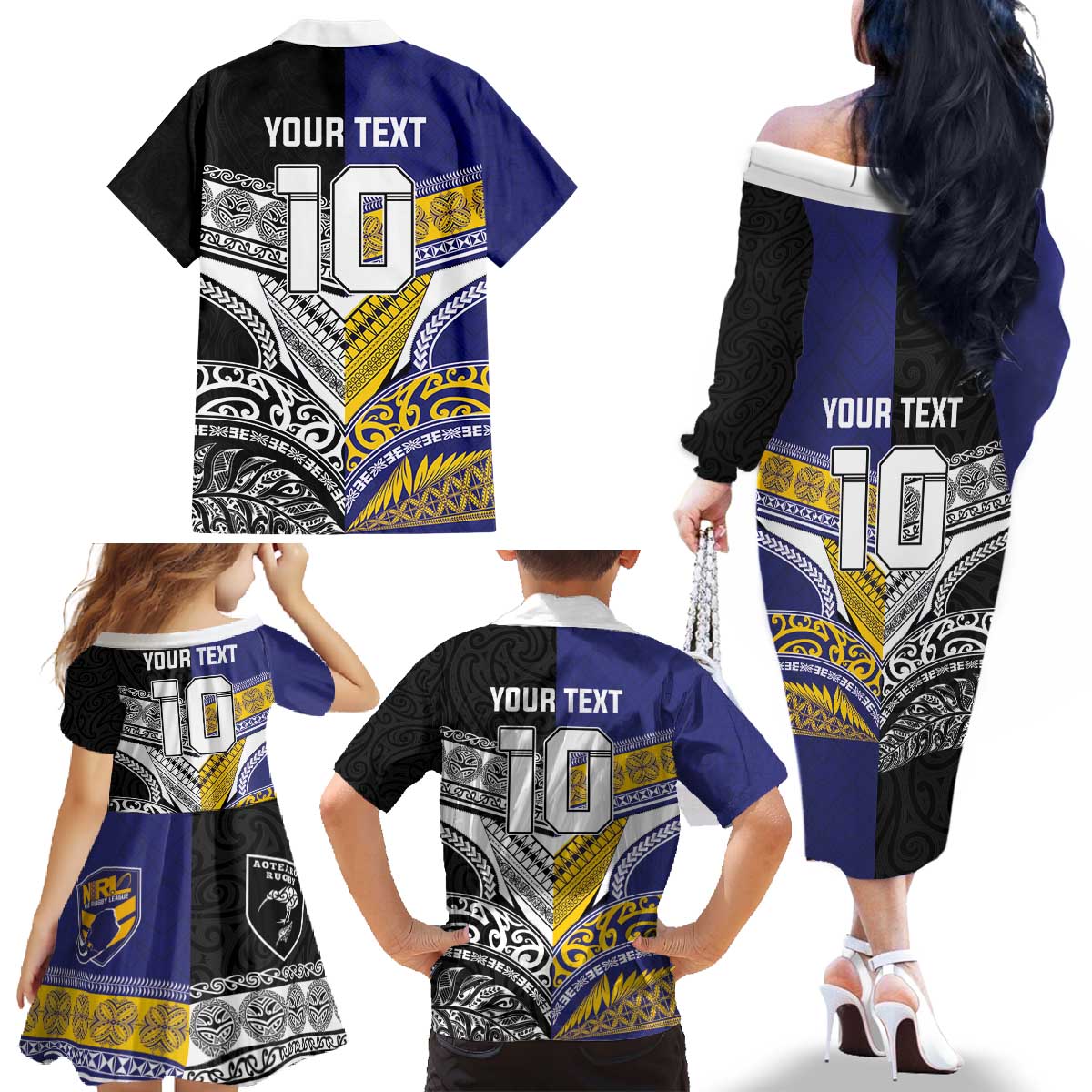 Custom Rugby Niue and Aotearoa Family Matching Off The Shoulder Long Sleeve Dress and Hawaiian Shirt Hiapo with Maori Moko Tribal Heritage Tattoos LT03 - Polynesian Pride