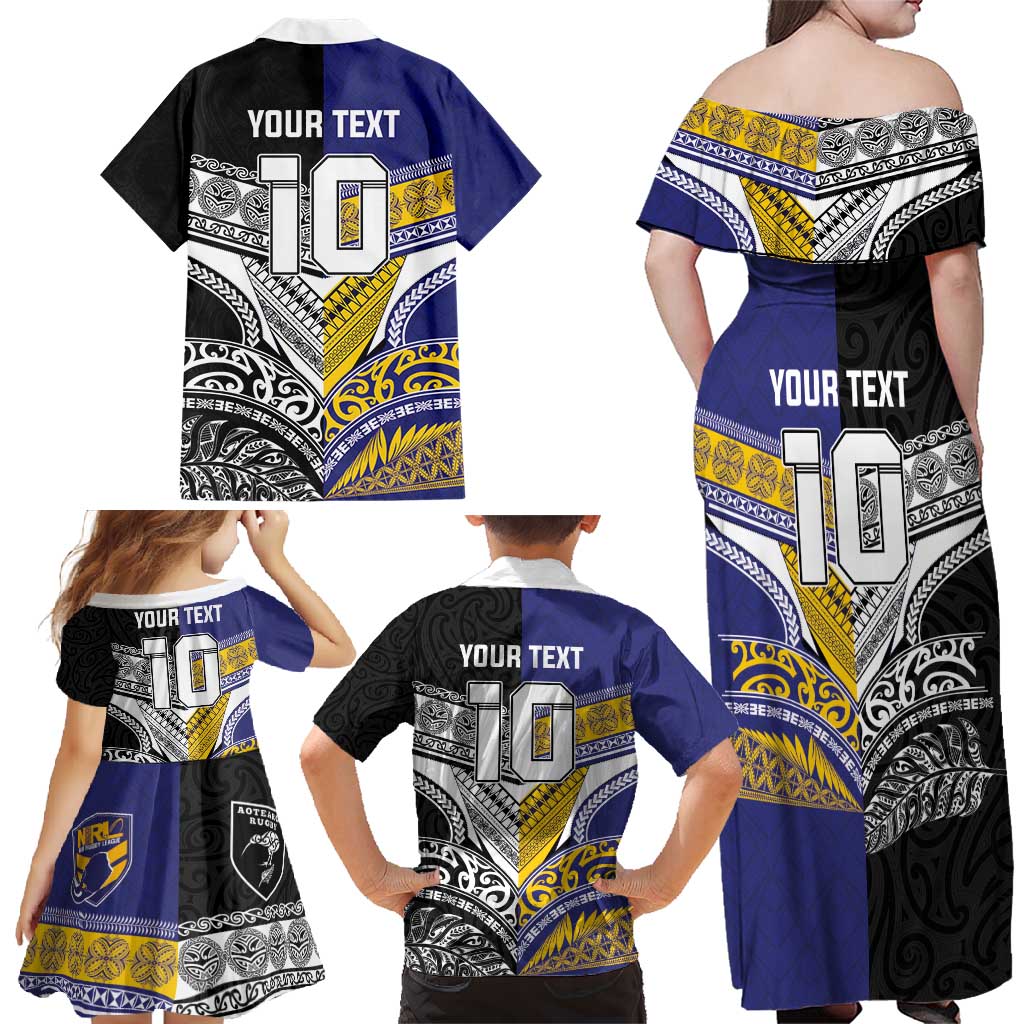 Custom Rugby Niue and Aotearoa Family Matching Off Shoulder Maxi Dress and Hawaiian Shirt Hiapo with Maori Moko Tribal Heritage Tattoos LT03 - Polynesian Pride