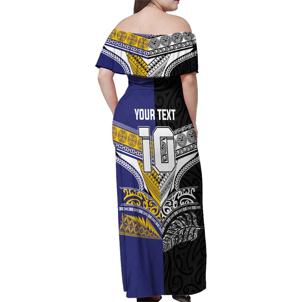 Custom Rugby Niue and Aotearoa Family Matching Off Shoulder Maxi Dress and Hawaiian Shirt Hiapo with Maori Moko Tribal Heritage Tattoos LT03 - Polynesian Pride