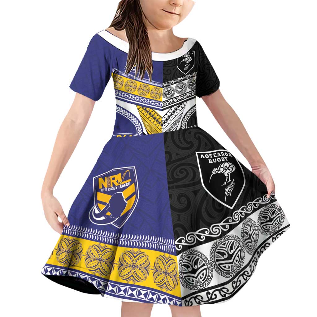 Custom Rugby Niue and Aotearoa Family Matching Off Shoulder Short Dress and Hawaiian Shirt Hiapo with Maori Moko Tribal Heritage Tattoos LT03 Daughter's Dress Black - Polynesian Pride