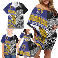 Custom Rugby Niue and Aotearoa Family Matching Off Shoulder Short Dress and Hawaiian Shirt Hiapo with Maori Moko Tribal Heritage Tattoos LT03 - Polynesian Pride