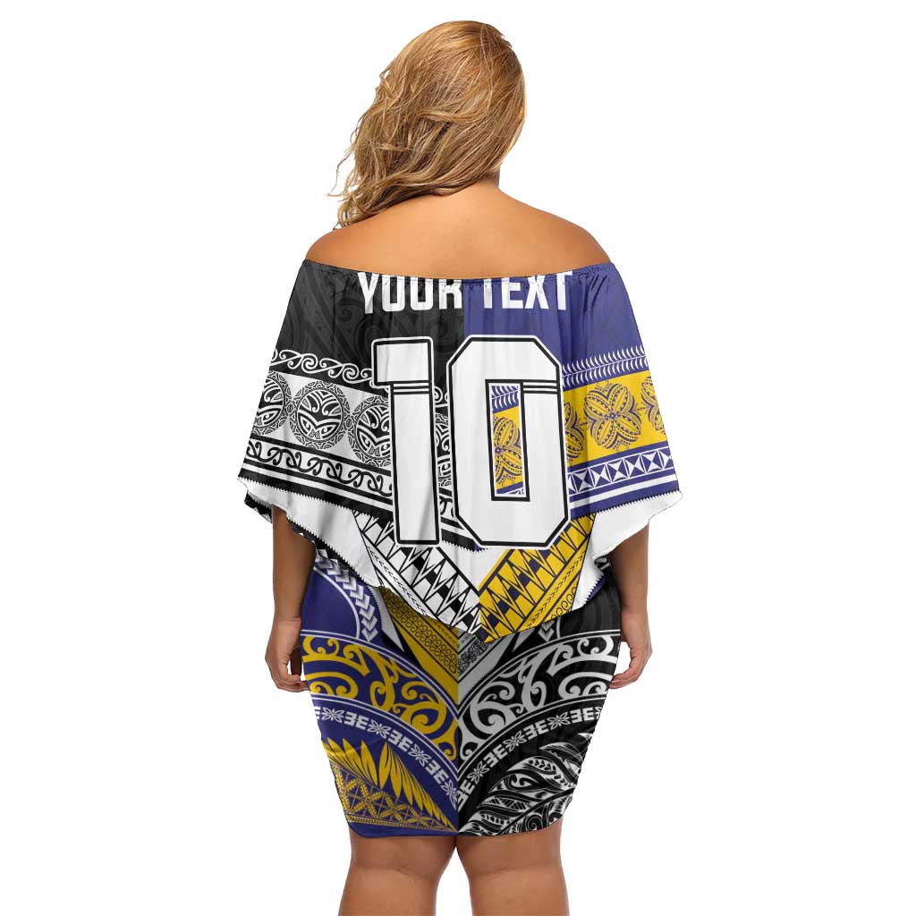 Custom Rugby Niue and Aotearoa Family Matching Off Shoulder Short Dress and Hawaiian Shirt Hiapo with Maori Moko Tribal Heritage Tattoos LT03 - Polynesian Pride