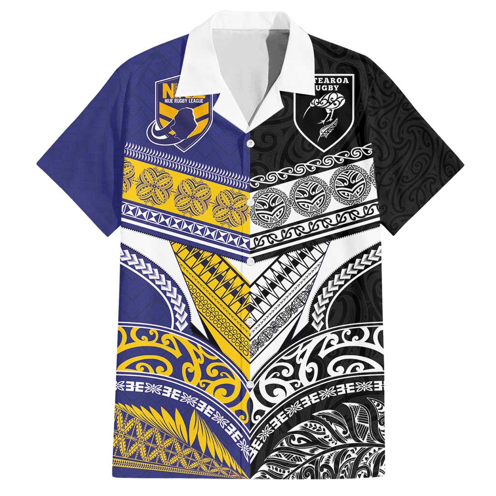 Custom Rugby Niue and Aotearoa Family Matching Puletasi and Hawaiian Shirt Hiapo with Maori Moko Tribal Heritage Tattoos LT03 Dad's Shirt - Short Sleeve Black - Polynesian Pride