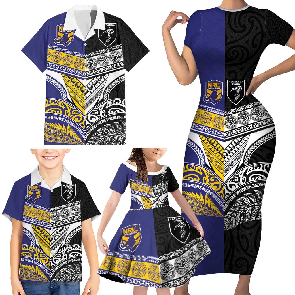 Custom Rugby Niue and Aotearoa Family Matching Short Sleeve Bodycon Dress and Hawaiian Shirt Hiapo with Maori Moko Tribal Heritage Tattoos LT03 - Polynesian Pride
