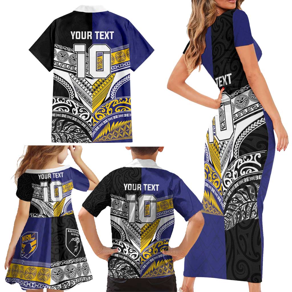 Custom Rugby Niue and Aotearoa Family Matching Short Sleeve Bodycon Dress and Hawaiian Shirt Hiapo with Maori Moko Tribal Heritage Tattoos LT03 - Polynesian Pride