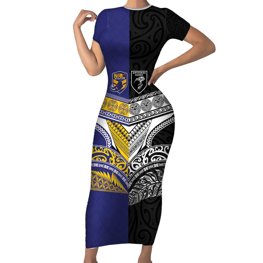 Custom Rugby Niue and Aotearoa Family Matching Short Sleeve Bodycon Dress and Hawaiian Shirt Hiapo with Maori Moko Tribal Heritage Tattoos LT03 Mom's Dress Black - Polynesian Pride
