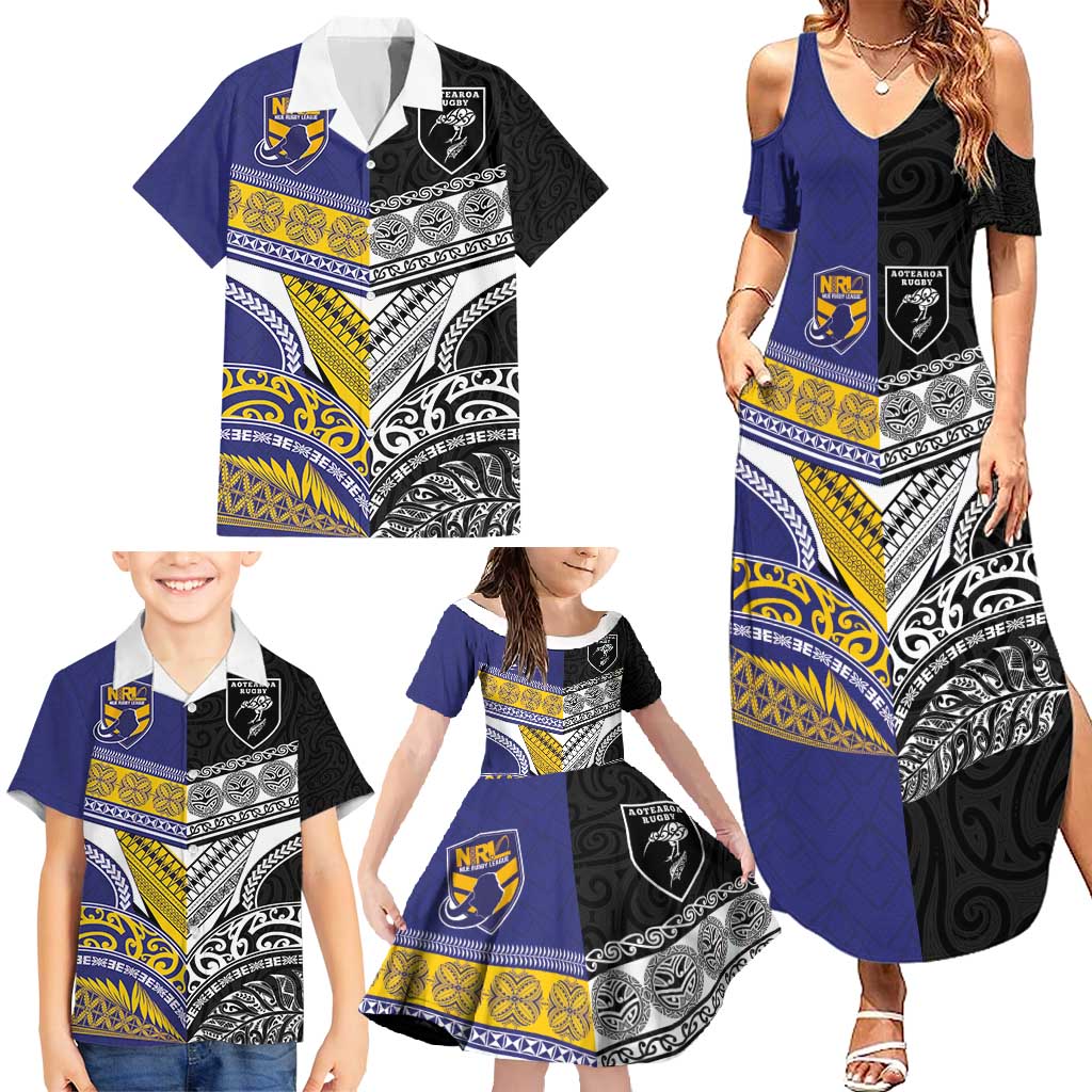 Custom Rugby Niue and Aotearoa Family Matching Summer Maxi Dress and Hawaiian Shirt Hiapo with Maori Moko Tribal Heritage Tattoos LT03 - Polynesian Pride