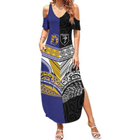 Custom Rugby Niue and Aotearoa Family Matching Summer Maxi Dress and Hawaiian Shirt Hiapo with Maori Moko Tribal Heritage Tattoos LT03 Mom's Dress Black - Polynesian Pride