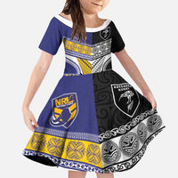 Custom Rugby Niue and Aotearoa Family Matching Tank Maxi Dress and Hawaiian Shirt Hiapo with Maori Moko Tribal Heritage Tattoos LT03 Daughter's Dress Black - Polynesian Pride