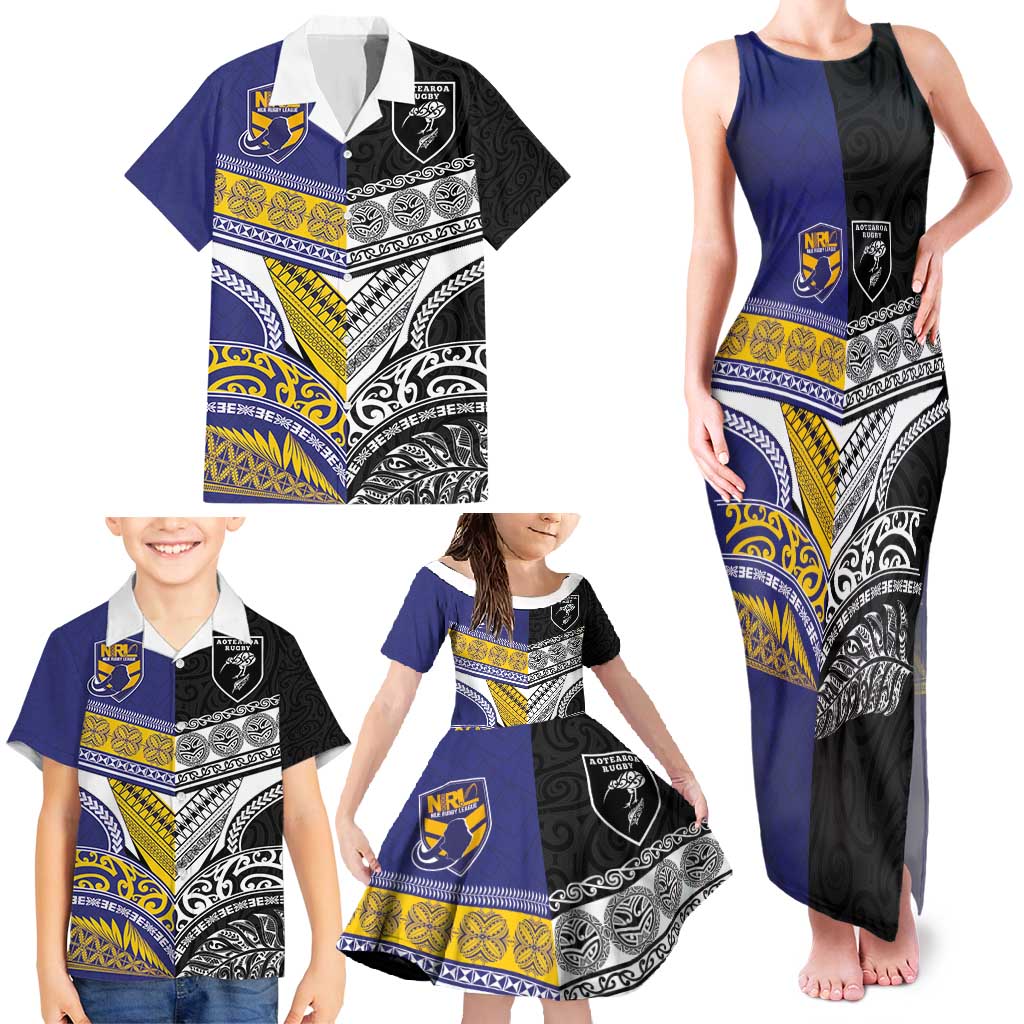 Custom Rugby Niue and Aotearoa Family Matching Tank Maxi Dress and Hawaiian Shirt Hiapo with Maori Moko Tribal Heritage Tattoos LT03 - Polynesian Pride