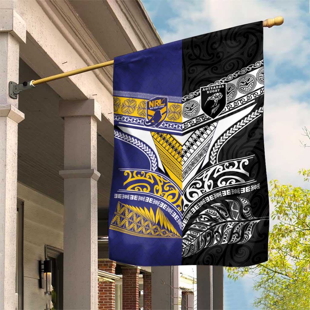 Rugby Niue and Aotearoa Garden Flag Hiapo with Maori Moko Tribal Heritage Tattoos - Polynesian Pride