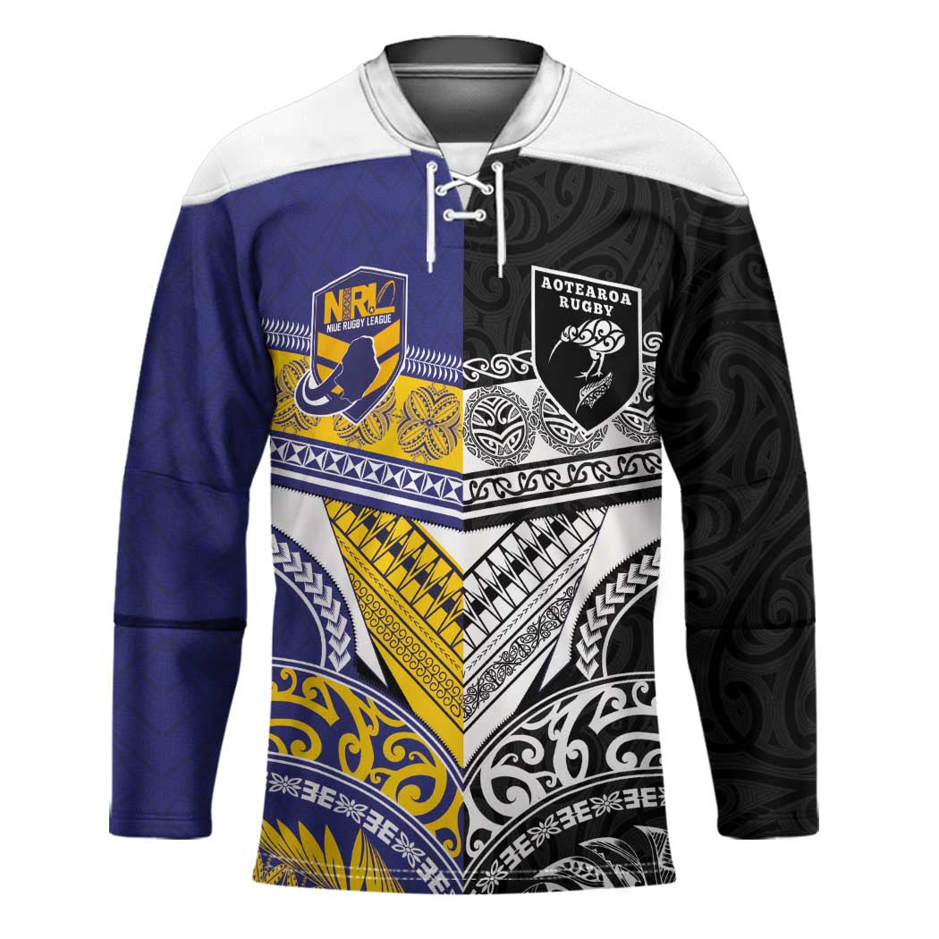 Custom Rugby Niue and Aotearoa Hockey Jersey Hiapo with Maori Moko Tribal Heritage Tattoos - Polynesian Pride