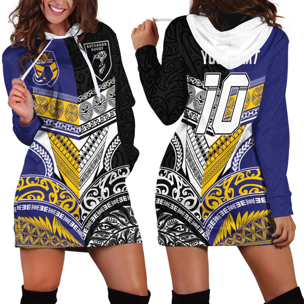 Custom Rugby Niue and Aotearoa Hoodie Dress Hiapo with Maori Moko Tribal Heritage Tattoos LT03 - Polynesian Pride