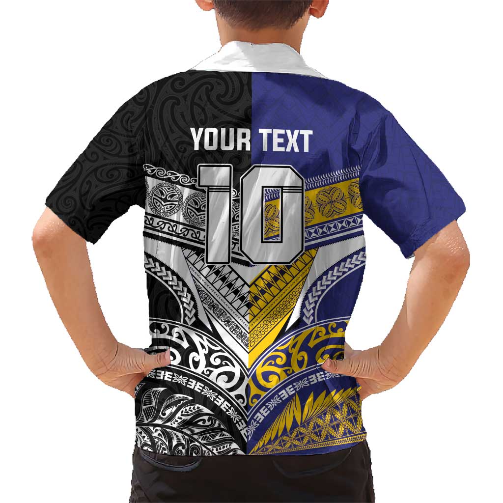 Custom Rugby Niue and Aotearoa Kid Hawaiian Shirt Hiapo with Maori Moko Tribal Heritage Tattoos LT03 - Polynesian Pride