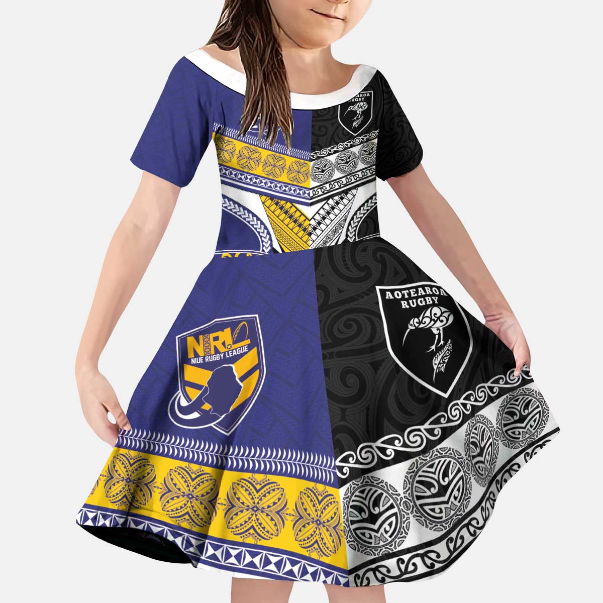 Custom Rugby Niue and Aotearoa Kid Short Sleeve Dress Hiapo with Maori Moko Tribal Heritage Tattoos - Polynesian Pride
