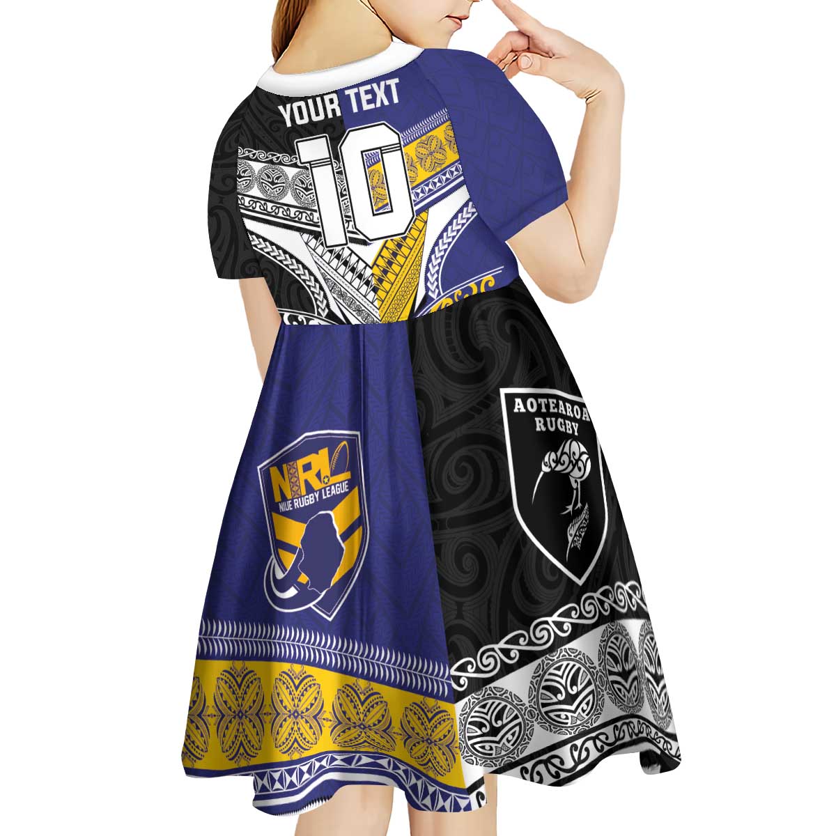 Custom Rugby Niue and Aotearoa Kid Short Sleeve Dress Hiapo with Maori Moko Tribal Heritage Tattoos LT03 - Polynesian Pride