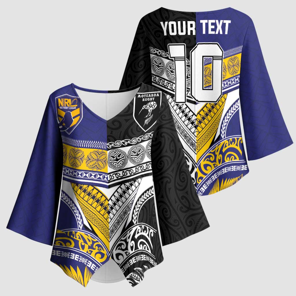 Custom Rugby Niue and Aotearoa Kimono Sleeve Blouse Hiapo with Maori Moko Tribal Heritage Tattoos - Polynesian Pride