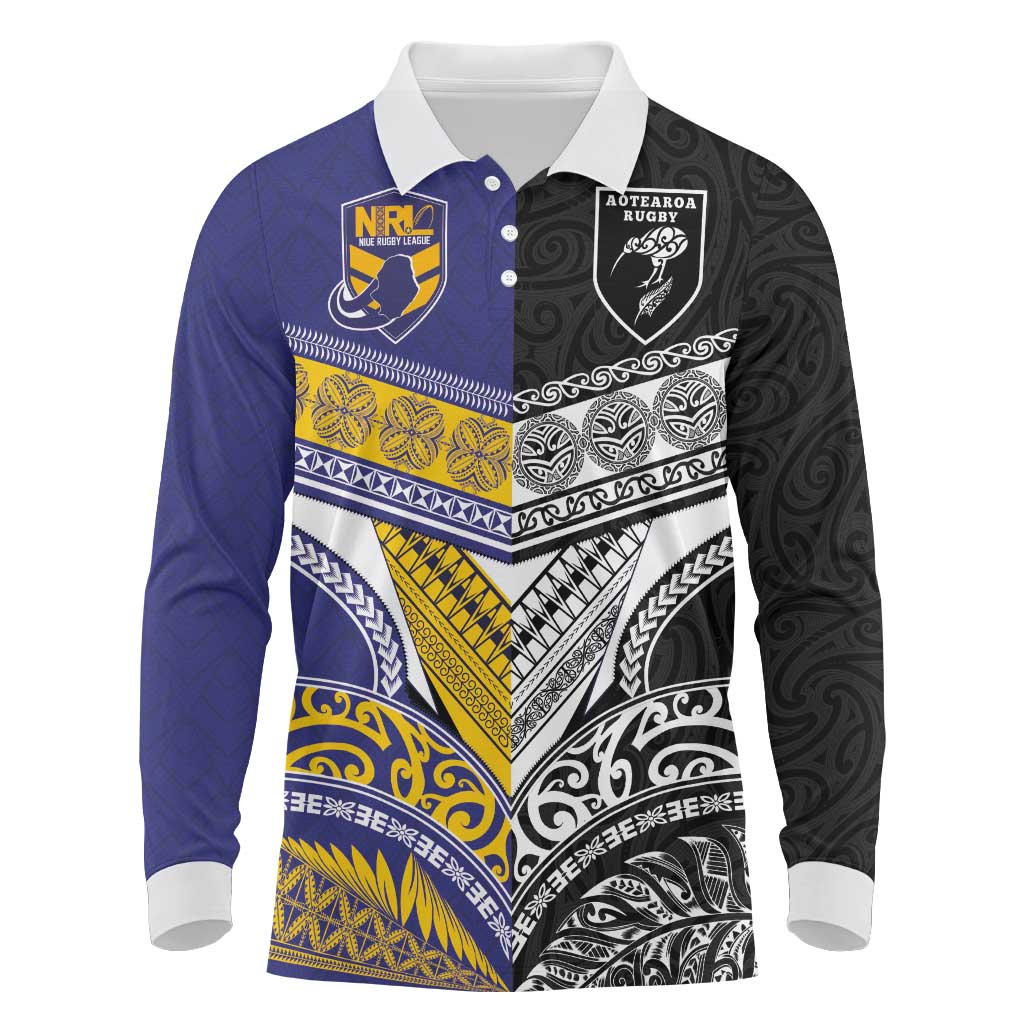 Custom Rugby Niue and Aotearoa Long Sleeve Polo Shirt Hiapo with Maori Moko Tribal Heritage Tattoos LT03 Black - Polynesian Pride