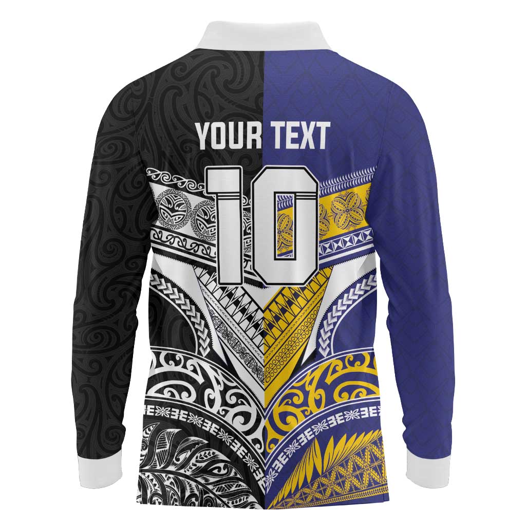 Custom Rugby Niue and Aotearoa Long Sleeve Polo Shirt Hiapo with Maori Moko Tribal Heritage Tattoos LT03 - Polynesian Pride