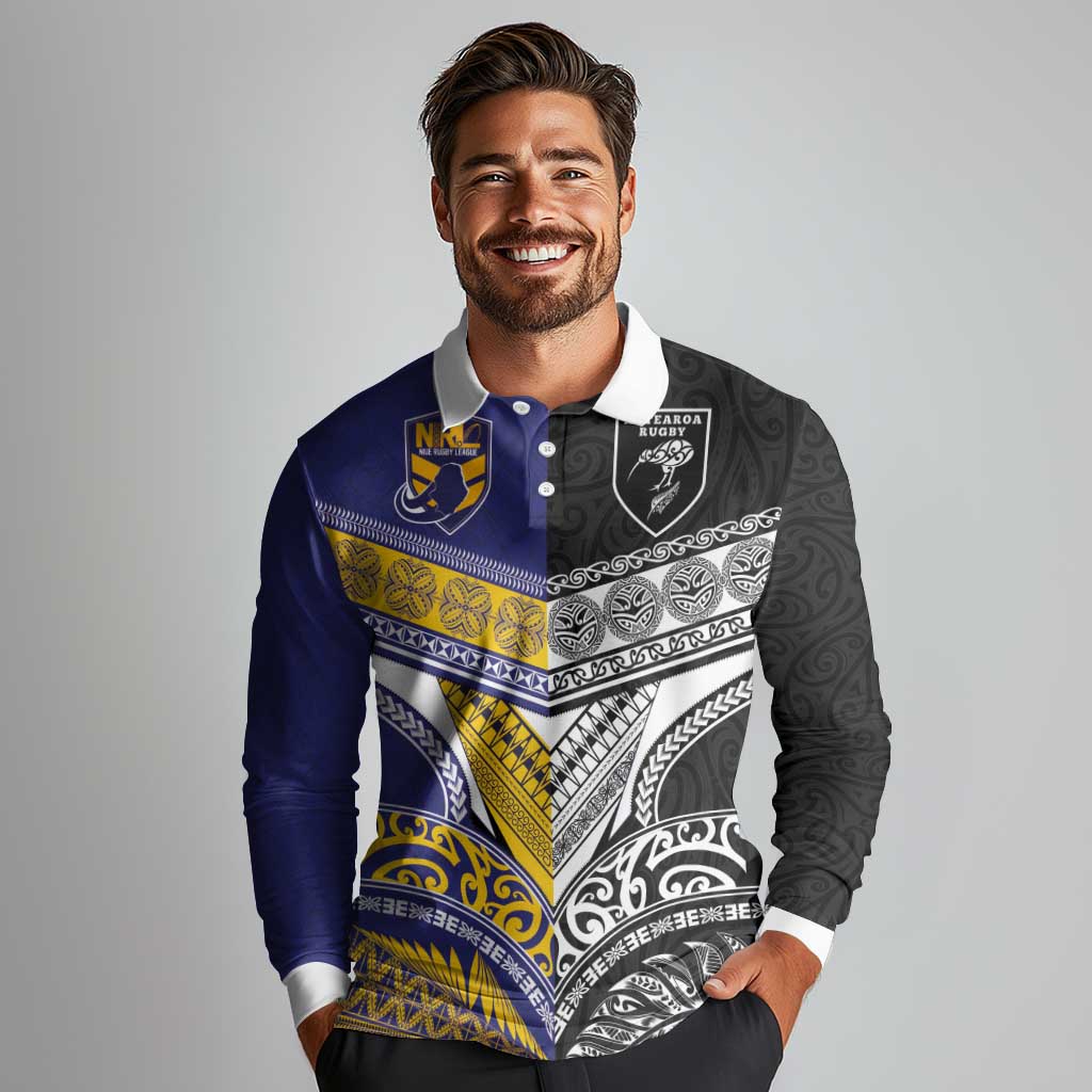 Custom Rugby Niue and Aotearoa Long Sleeve Polo Shirt Hiapo with Maori Moko Tribal Heritage Tattoos LT03 - Polynesian Pride