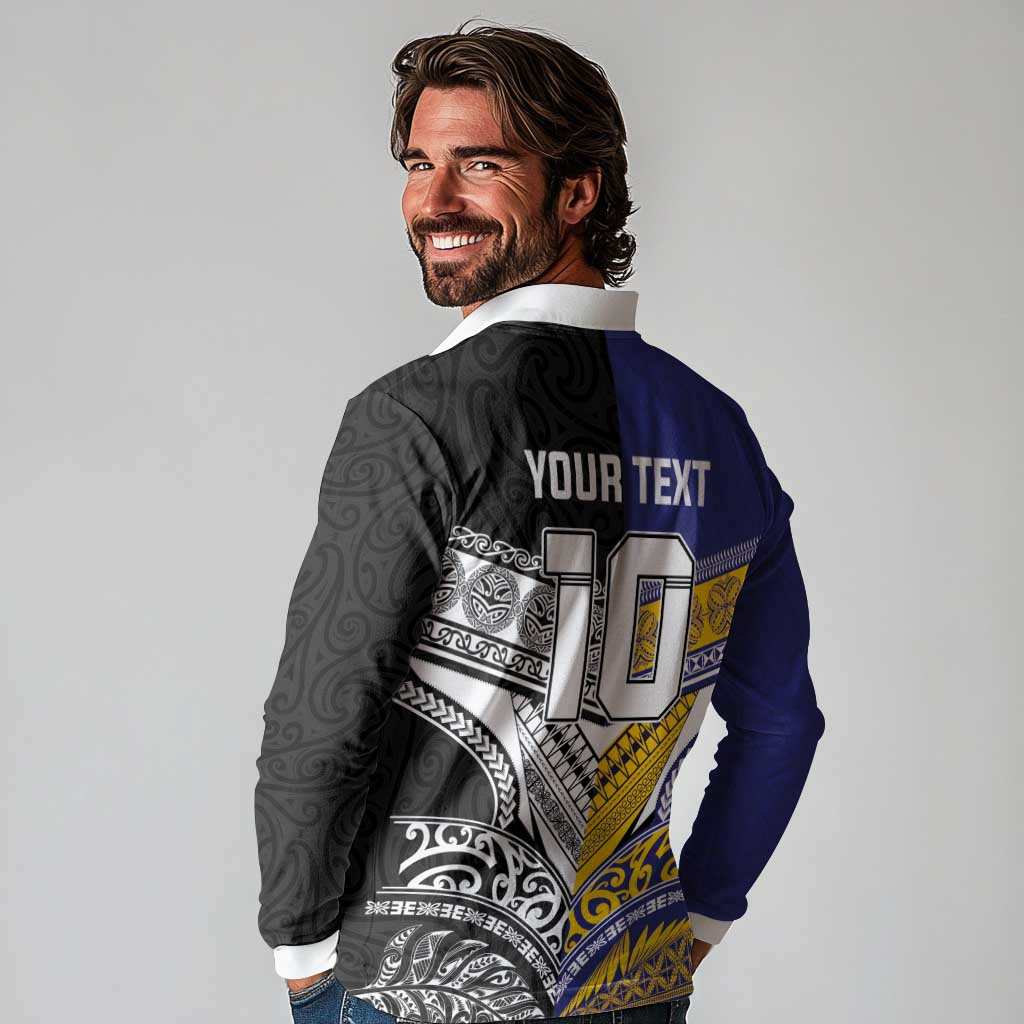 Custom Rugby Niue and Aotearoa Long Sleeve Polo Shirt Hiapo with Maori Moko Tribal Heritage Tattoos LT03 - Polynesian Pride