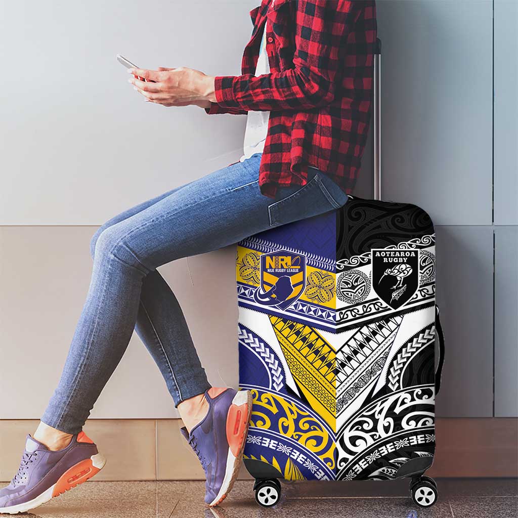 Rugby Niue and Aotearoa Luggage Cover Hiapo with Maori Moko Tribal Heritage Tattoos LT03 - Polynesian Pride