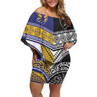 Custom Rugby Niue and Aotearoa Off Shoulder Short Dress Hiapo with Maori Moko Tribal Heritage Tattoos LT03 Women Black - Polynesian Pride
