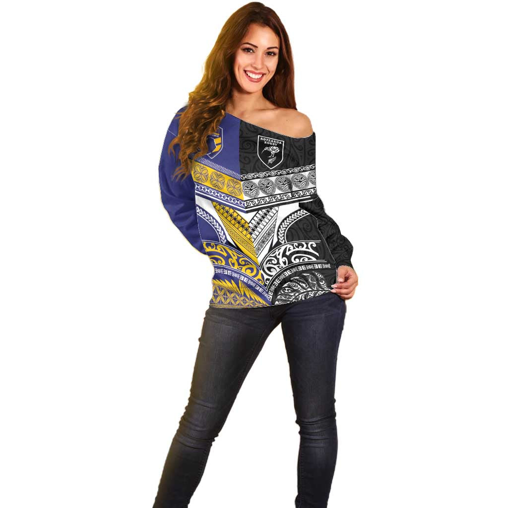 Custom Rugby Niue and Aotearoa Off Shoulder Sweater Hiapo with Maori Moko Tribal Heritage Tattoos - Polynesian Pride
