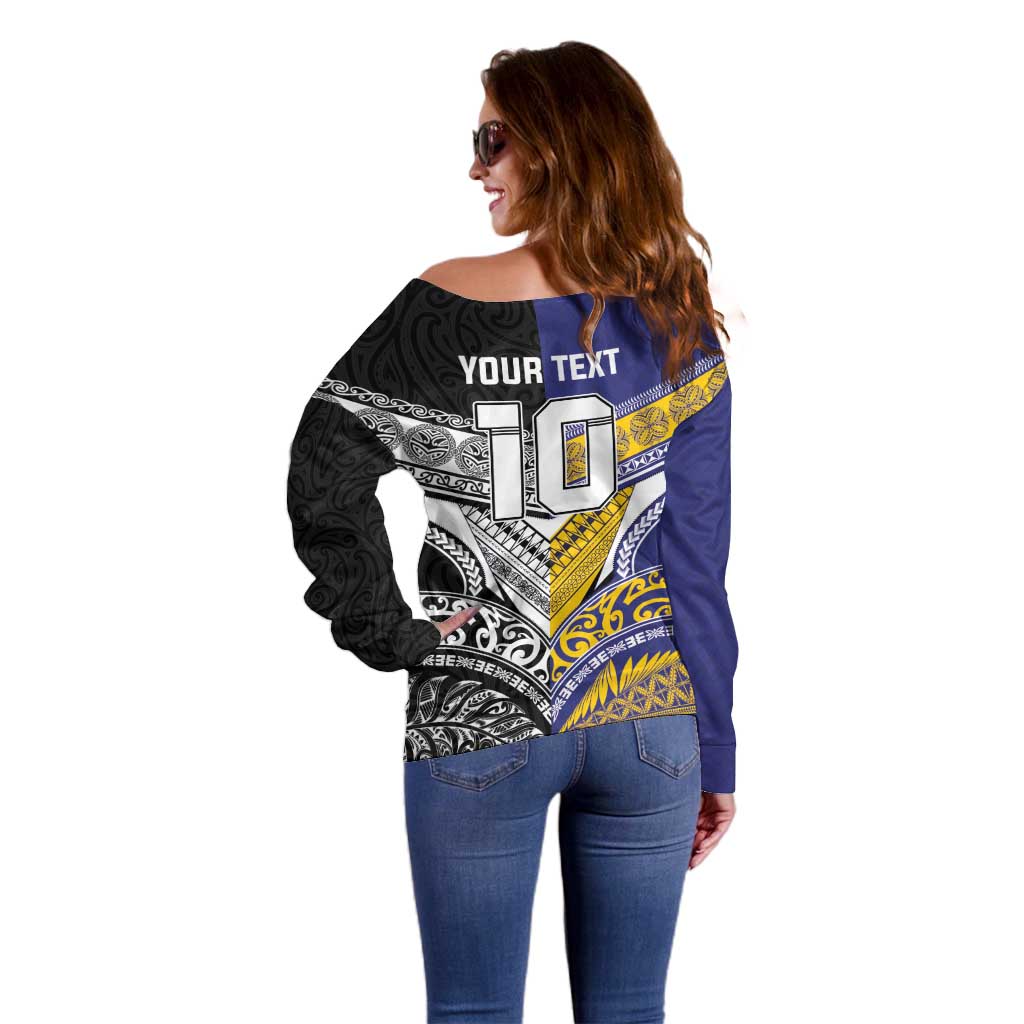 Custom Rugby Niue and Aotearoa Off Shoulder Sweater Hiapo with Maori Moko Tribal Heritage Tattoos - Polynesian Pride
