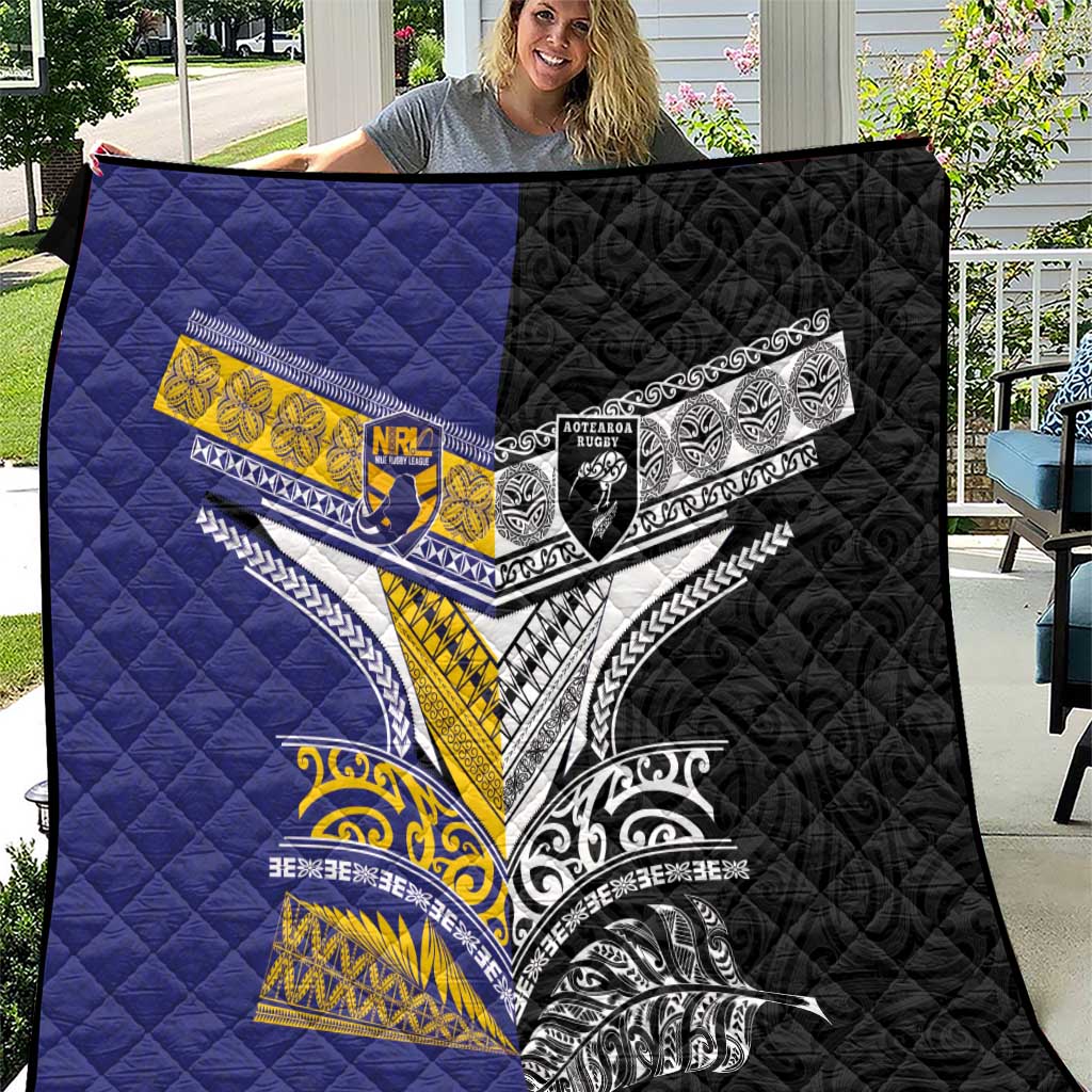 Rugby Niue and Aotearoa Quilt Hiapo with Maori Moko Tribal Heritage Tattoos - Polynesian Pride