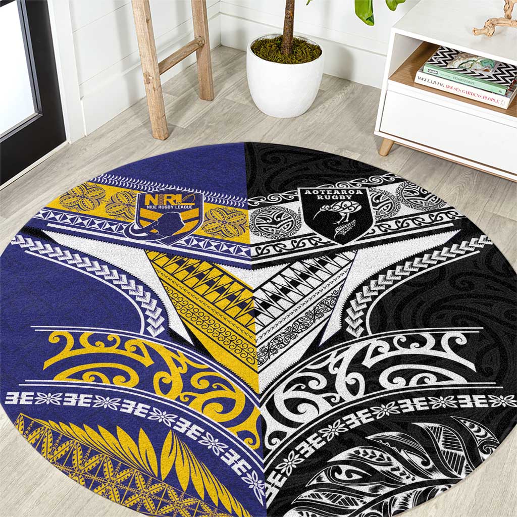 Rugby Niue and Aotearoa Round Carpet Hiapo with Maori Moko Tribal Heritage Tattoos - Polynesian Pride