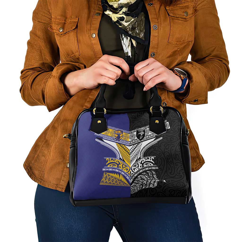 Rugby Niue and Aotearoa Shoulder Handbag Hiapo with Maori Moko Tribal Heritage Tattoos - Polynesian Pride