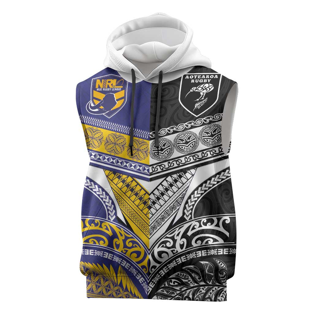 Custom Rugby Niue and Aotearoa Sleeveless Hoodie Hiapo with Maori Moko Tribal Heritage Tattoos LT03 Black - Polynesian Pride