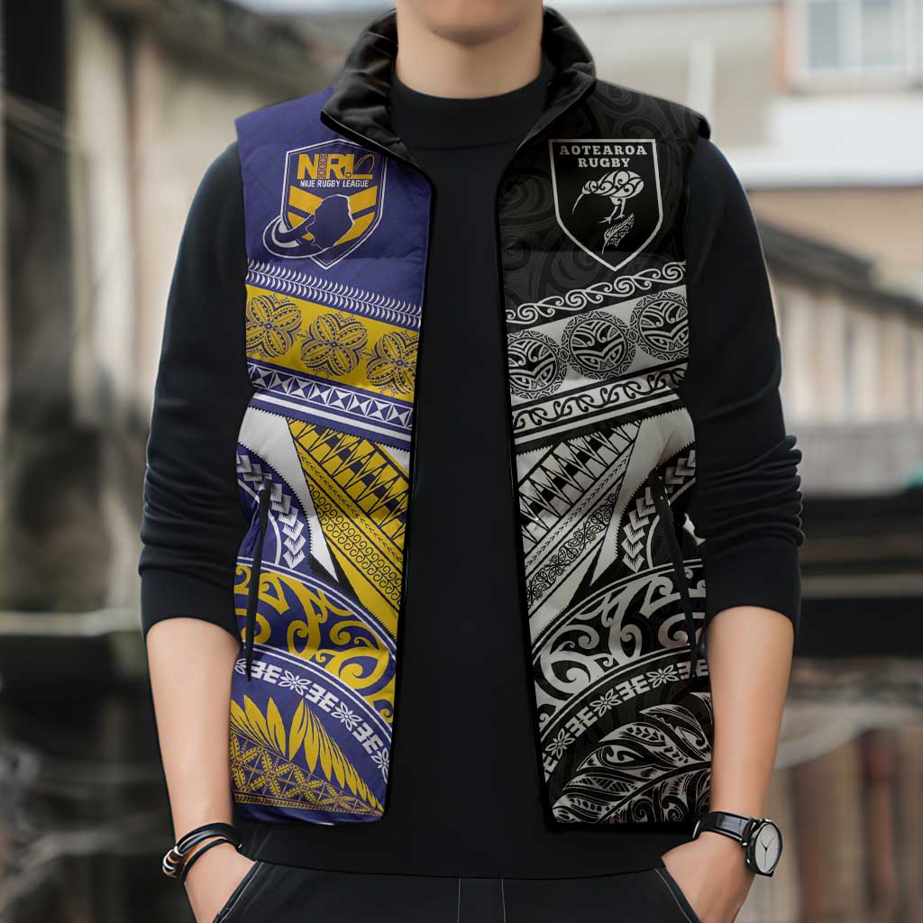 Custom Rugby Niue and Aotearoa Sleeveless Puffer Jacket Hiapo with Maori Moko Tribal Heritage Tattoos - Polynesian Pride