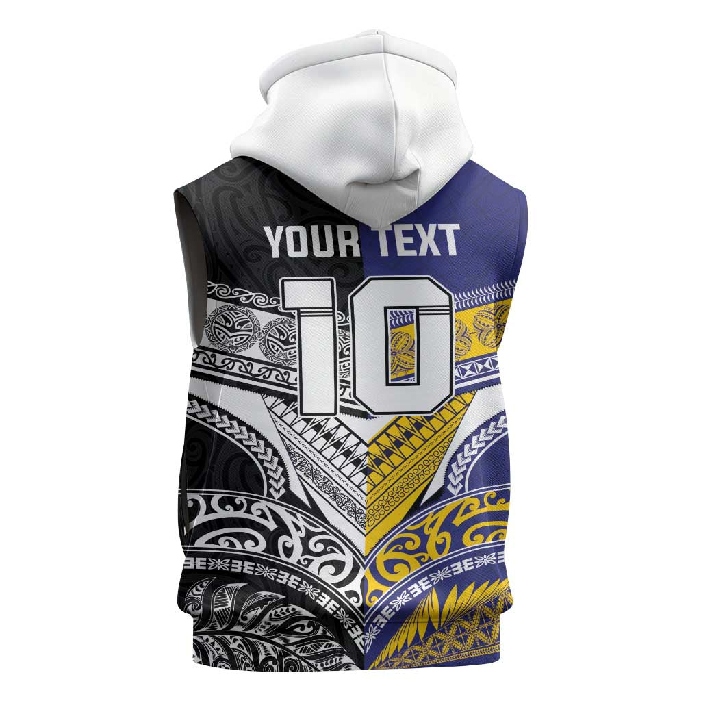 Custom Rugby Niue and Aotearoa Sleeveless Zip Hoodie Hiapo with Maori Moko Tribal Heritage Tattoos LT03 - Polynesian Pride