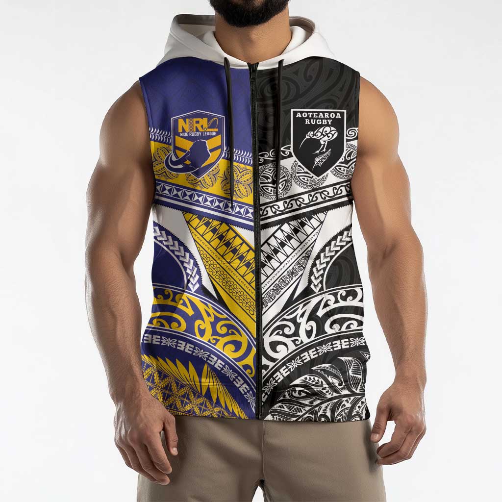 Custom Rugby Niue and Aotearoa Sleeveless Zip Hoodie Hiapo with Maori Moko Tribal Heritage Tattoos LT03 - Polynesian Pride