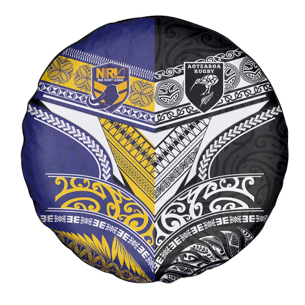 Rugby Niue and Aotearoa Spare Tire Cover Hiapo with Maori Moko Tribal Heritage Tattoos LT03 - Polynesian Pride