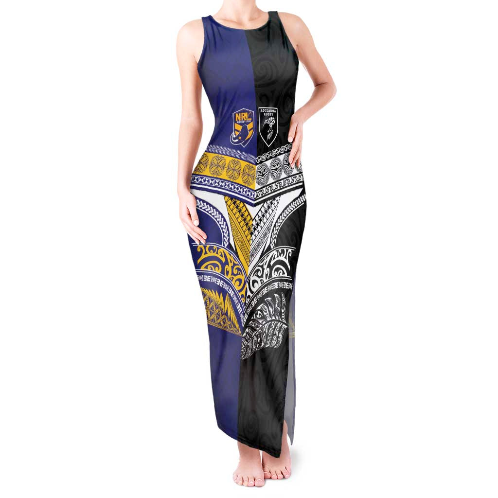 Custom Rugby Niue and Aotearoa Tank Maxi Dress Hiapo with Maori Moko Tribal Heritage Tattoos LT03 Women Black - Polynesian Pride